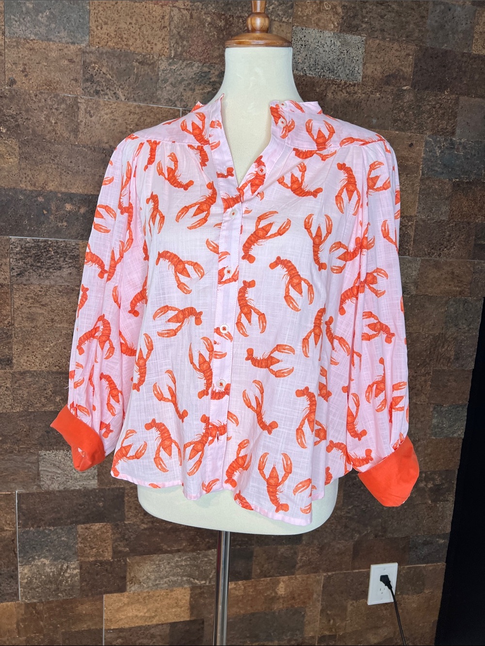 Maeve Pink Button-Down Shirt with Orange Lobster Print